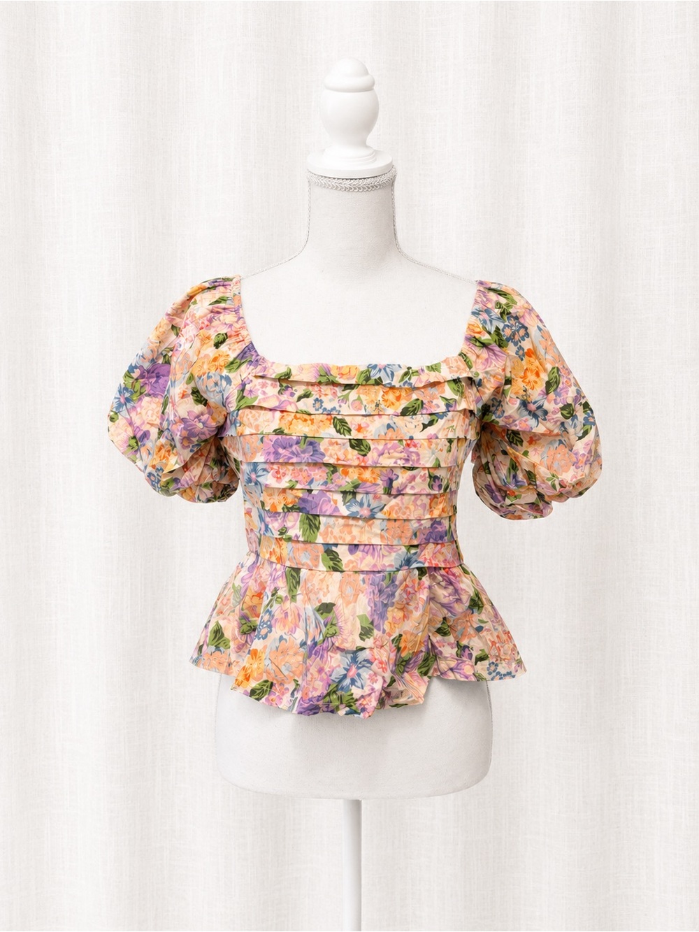 Floral Puff-Sleeve Peplum Top - Peach Multi